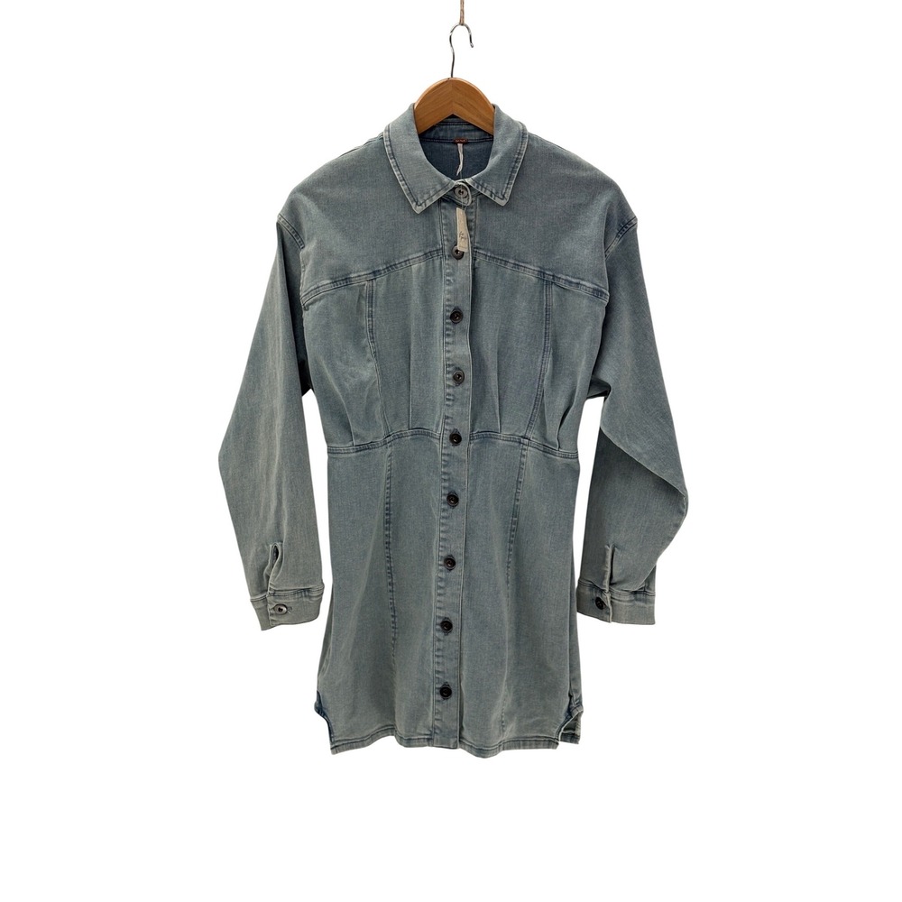New‎ Free People Dress Mini Denim Jean Women Size 8 Blue Long Sleeve